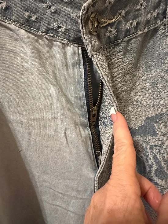 POL Patchwork Flare Boho Pants in Light Blue and Cream - Picture 3 of 10